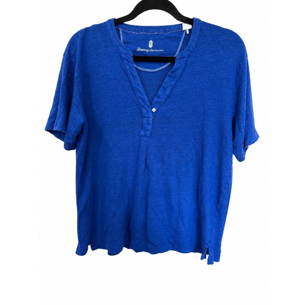 Tommy Bahama Women Small 100% Linen Blue Henley Resortcore Coastal Quiet Luxury